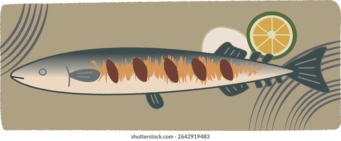 Desenhado à Mão Grelhado Pacífico Saury Ilustração com um peixe

