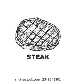 Hand-drawn grilled steak vector cartoon sketch food meat illustration.