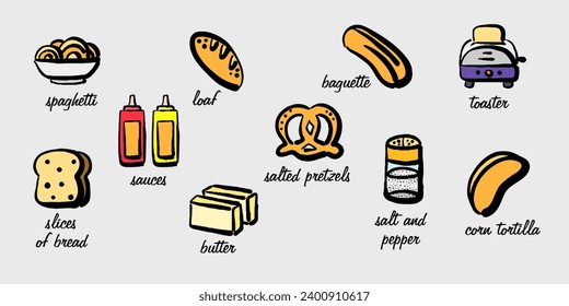 Hand-drawn groceries and food. Groceries and food icons. Educational poster with the names of groceries and food