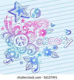 Hand-Drawn Groovy Sketchy Doodles on Lined Notebook Paper Vector