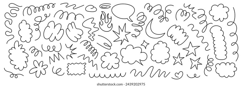 Hand-drawn groovy sticker shapes, doodles, underlines, swirls, swooshes. Cool y2k brutalist playful collage elements. Simple trendy abstract graphic design vector illustration for template, poster