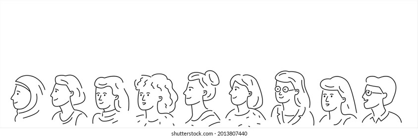 Hand-drawn group of different women. Outline doodle vector illustration.