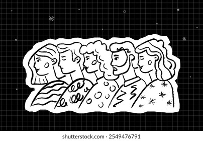 Groupe dessiné à la main de personnes se tenant côte à côte. Illustration au crayon noir sur fond blanc, découpé et placé sur fond noir grillagé
