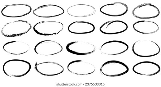 Handdrawn grunge circle border frame. Marker scratch scribble rounded. Charcoal pen round ovals. Round scrawl frames. Vector illustration of freehand painted circular note