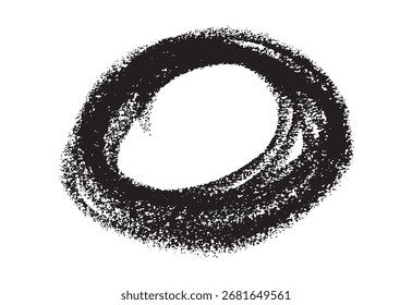 A hand-drawn grunge circle with a rough, distressed texture. This abstract black scribble, resembling charcoal or crayon, is perfect for artistic frames, borders, stamps, and other design elements.
