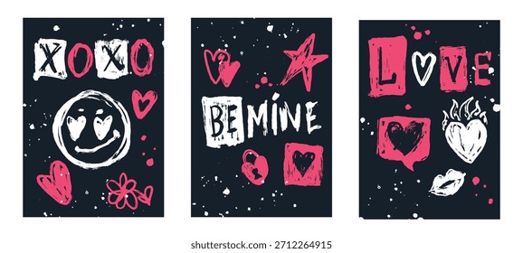 Hand-drawn grunge Valentine’s Day vector cards set with bright textured love phrases, hearts, flowers and doodle symbols on dark background. Perfect for greeting cards, stickers and romantic designs