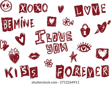 Hand-drawn grunge Valentine’s Day vector clip art set with textured love phrases, hearts, flowers and doodles. Rough, stamped style elements for cards, stickers and invitations