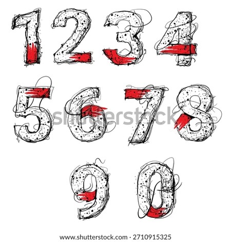 Hand-drawn grunge number set with black sketch lines, ink splatters and bold red brush accents. Perfect for posters, typography, modern design, labels, art projects and creative branding.
