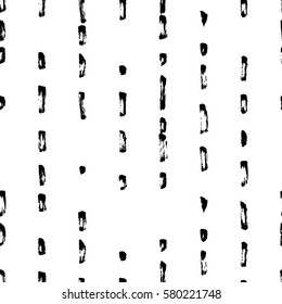 Hand-drawn grunge pattern with a dry brush using black ink. Seamless pattern made of geometric shapes, strokes and spots. Vector background can be used in printing, fabric, packaging, fashion, wraping