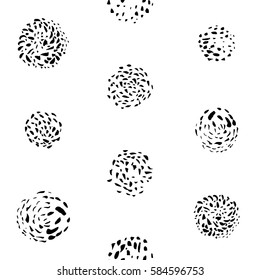 Hand-drawn grunge pattern with a dry brush using black ink. Seamless pattern made of geometric shapes, strokes and spots. Vector background can be used in printing, fabric, packaging, fashion, wraping