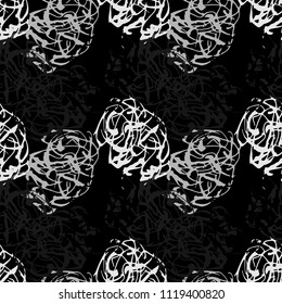 Hand-drawn grunge seamless infinite pattern in grayscale of white strips of varying thickness on a black background.

