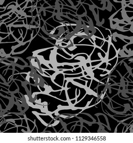 Hand-drawn grunge seamless infinite pattern in grayscale of white strips of varying thickness on a black background.
