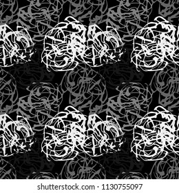 Hand-drawn grunge seamless infinite pattern in grayscale of white strips of varying thickness on a black background.
