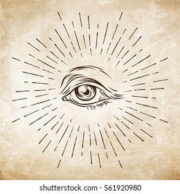 Hand-drawn grunge sketch Eye of Providence. Masonic symbol. All seeing eye. New World Order. Conspiracy theory. Alchemy, religion, spirituality, occultism vector illustration.