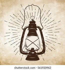 Hand-drawn Grunge Sketch Vintage Oil Lantern Or Kerosene Lamp With Rays Of Light. Vector Illustration. T-shirt Print Or Poster Design.