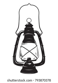 Hand-drawn grunge sketch vintage oil lantern or kerosene lamp isolated. T-shirt print or poster design. Vector illustration.