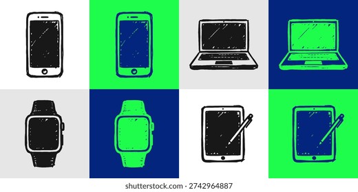 Hand-drawn grunge style set of four modern digital gadgets: smartphone, laptop, smartwatch, and tablet with stylus. Doodle icons on contrasting color blocks, perfect for tech and retro designs.
