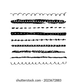 Hand-drawn grunge underlines. Collection of different line patterns. Vector illustration of graphic elements for frames, highlights, borders on a white background.