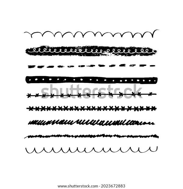 Hand-drawn grunge underlines.\
Collection of different line patterns. Vector illustration of\
graphic elements for frames, highlights, borders on a white\
background.