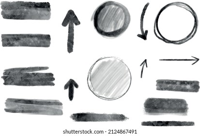 Handdrawn grunge vector pencil set of arrows, brush strokes and circles sketches and illustration. Ideal for banners, scrap booking, web, graphic design, print, decoration and other creative projects.