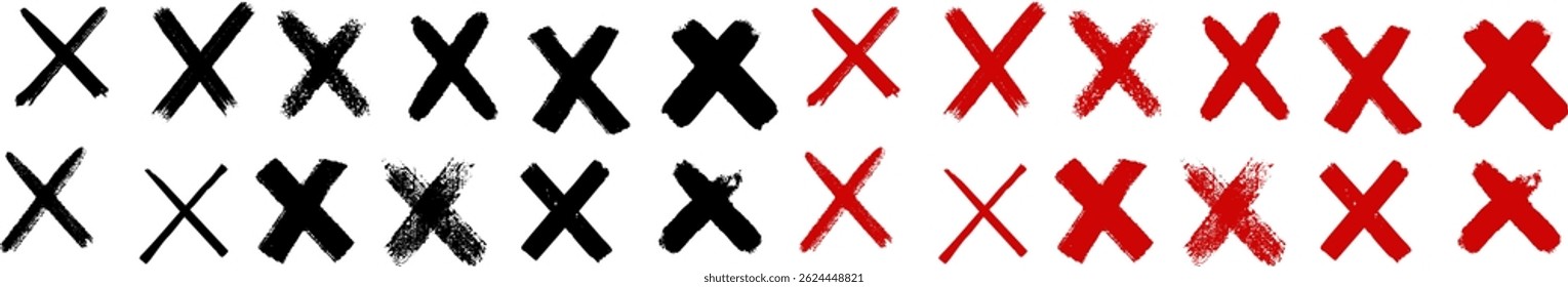 Hand-drawn grunge X marks in black and red. Ideal for highlighting errors, graphic accents, or expressive design elements on transparent background. Vector EPS 10