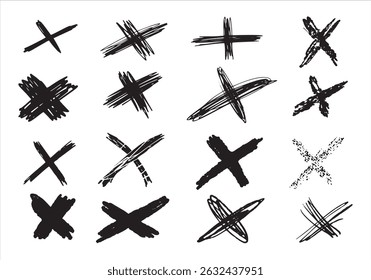 Hand-drawn grunge X marks in black ink. Rough textured crosses made with brush, pen, and pencil for bold DIY and punk style designs. Isolated on white background.