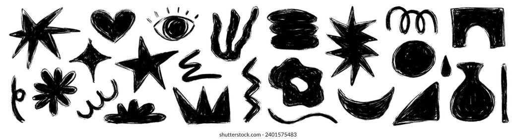 Handdrawn grungy punk linocut shapes, abstract retro groovy icons. Charcoal marker scribble elements - geometric shapes, eye, crown, star, flower, wave. Vector illustration of crayon pencil lino