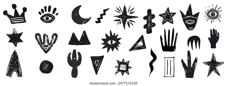 Handdrawn grungy punk linocut shapes, retro naive groovy icons. Charcoal marker scribble elements - geometric shapes, eye, crown, star, flower. Vector illustration of crayon pencil lino doodles 