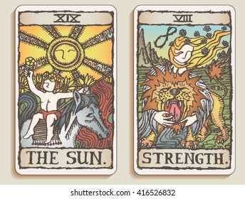 Hand-drawn, grungy, textured Tarot cards depicting the Sun and the concept of Strength.