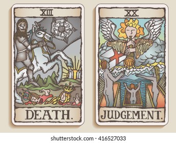 Hand-drawn, grungy, textured Tarot cards depicting the concept of Death and Judgement.