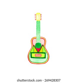 Hand-drawn guitar. Real watercolor drawing. Vector illustration.