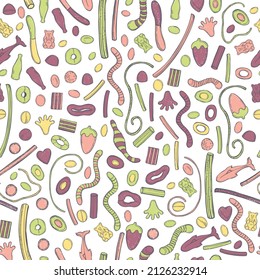 Hand-drawn gummy sweets. Jelly-chewing colored candies. Vector  seamless pattern. 