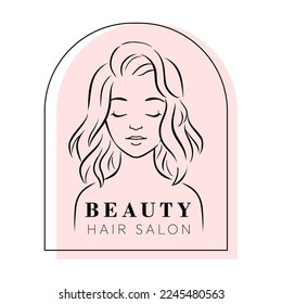 
Hand-drawn hair salon logo. Beautiful female portrait with closed eyes and wavy hair. Isolated stylized line art drawing. Woman's face in a minimalist style.