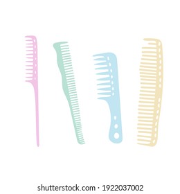 Hand-drawn hairdressing items, tools, comb. Vector set of accessories for a beauty salon isolated on white. Cute, kids, cartoon. Hair cutting and styling. Heart, hair, barber, barbershop