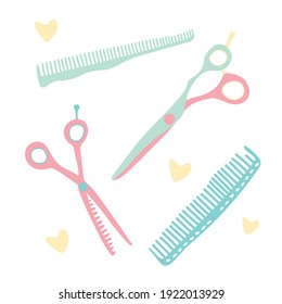 Hand-drawn hairdressing items, tools, scissors, comb. Vector set of accessories for a beauty salon isolated on white. Cute, kids, cartoon. Hair cutting and styling. Heart, hair, barber, barbershop