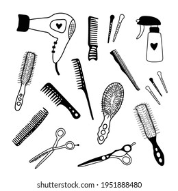 Hand-drawn hairdressing items, tools, scissors, comb, pulverizer, clip. Vector black and white set of accessories for a beauty salon isolated on white. Cute, stylish, trendy, cartoon. Hair cutting