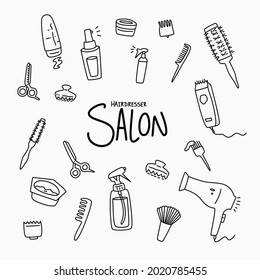 Hand-drawn hairdressing tools vector collection in a clean doodle line style. This set includes a variety of essential hairstylist and barber elements such as scissors, combs, hairbrushes, spray bottles, hair clippers, razor, hairdryer, styling tools, and salon accessories. The illustrations feature simple black outline strokes, minimal details, and a playful yet professional look, making them versatile and easy to adapt to different design needs.