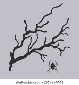 Hand-drawn Halloween black spooky dead branch silhouette composition with spider for seasonal decor