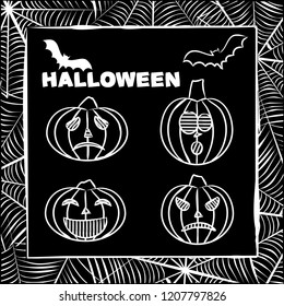 Hand-drawn Halloween black-and-white elements: frame, bats, pumpkins and title. Chalk halloween illustration