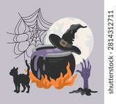 Hand-drawn Halloween card, witch hat and cauldron with bubbling magic potion, full moon, black cat, spider web and zombie hand