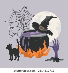 Hand-drawn Halloween card, witch hat and cauldron with bubbling magic potion, full moon, black cat, spider web and zombie hand