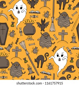 Hand-drawn Halloween colorful seamless pattern with doodles.