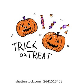 Hand-drawn Halloween composition with two spooky jack-o -lanterns, assorted candies, candy corn, eyeball, and Trick or Treat text.