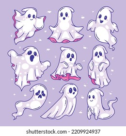 Hand-drawn Halloween cute ghost set full color