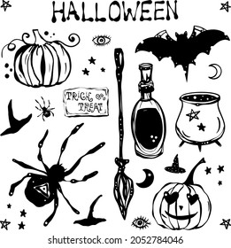 Hand-drawn Halloween doodle elements set