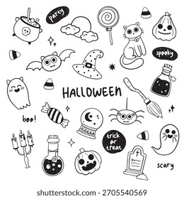 Juego de Doodle de Halloween dibujado a mano - fantasmas, dulces, calabazas e iconos espeluznantes