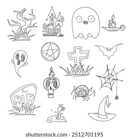 Hand-drawn Halloween doodle set with haunted house, ghost, pentagram, gravestones, and spider web. Ideal for Halloween-themed projects, greeting cards, and decorations. Isolated on white background