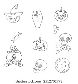 Colección de garabatos de Halloween dibujado a mano con calabazas, calaveras, caldero, caramelos y sombrero de bruja. Perfecto para fiestas de Halloween, invitaciones y diseños festivos. Aislado en el fondo blanco