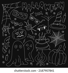 Hand-drawn Halloween elements. Doodle-style illustrations: pumpkin, spider web, witch hat, bat, potion pot, ghosts. Isolated vector on a black background.