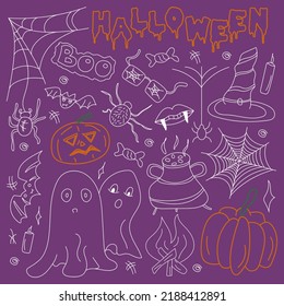Hand-drawn Halloween elements. Doodle-style illustrations: pumpkin, spider web, witch hat, bat, potion pot, ghosts. Isolated vector on a purple background.